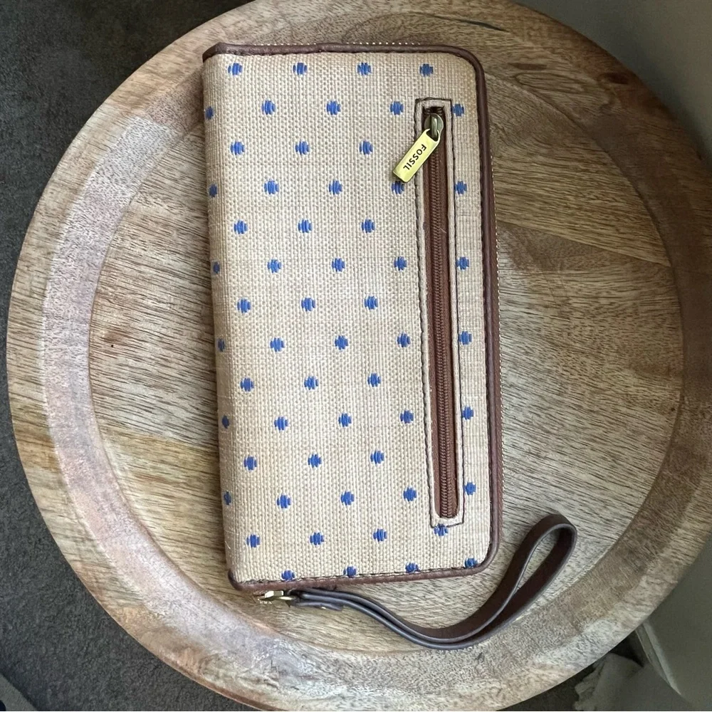 💙 Fossil Felicity Blue Dot Jori Zip Clutch Wallet & Pouch - Tan & Brown & Blue - Picture 9 of 15